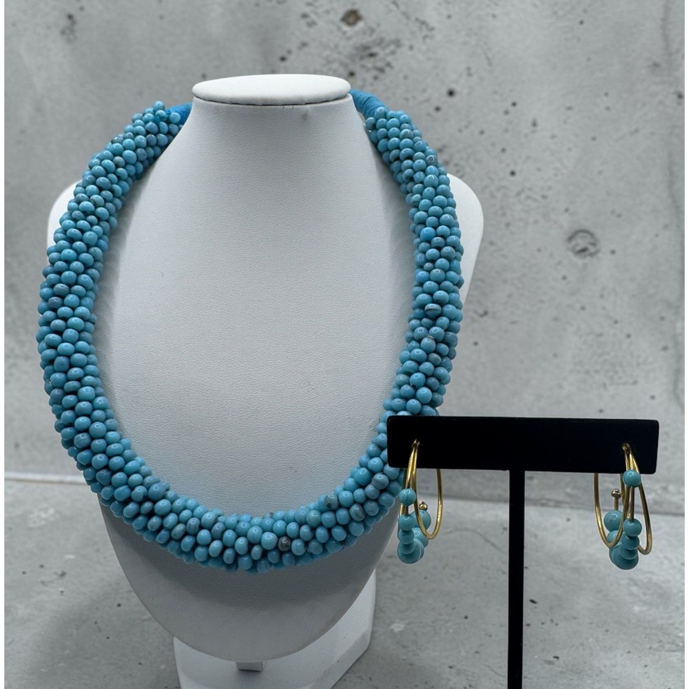 Blue Seed Bead Woven Rope Necklace and Gold Tone Hoop Earrings Jewelry Set